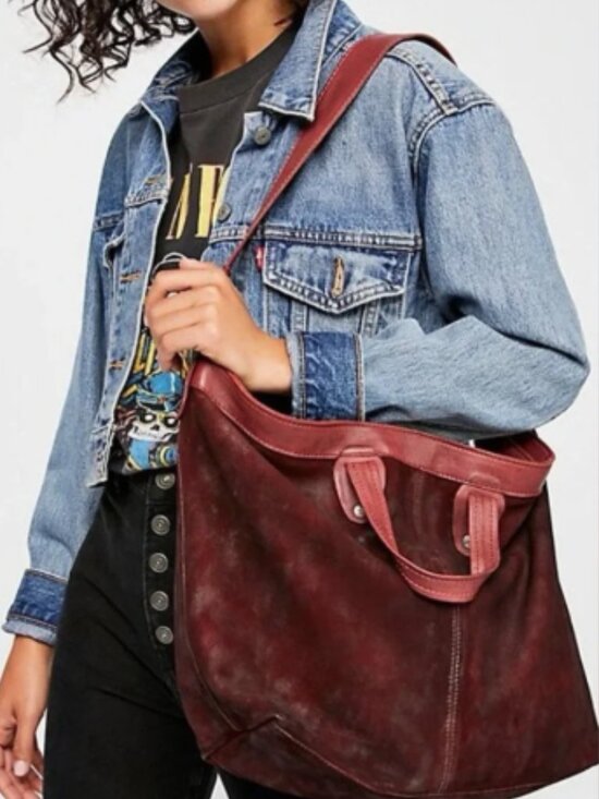 Free People Handbags - Free People We the Free Vintage Burgundy Red Distressed Suede Slouchy Tote Bag